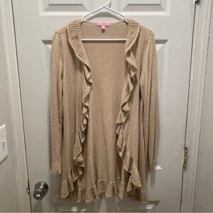 Lilly Pulitzer womens ruffle detail tan cotton silk sweater cardigan